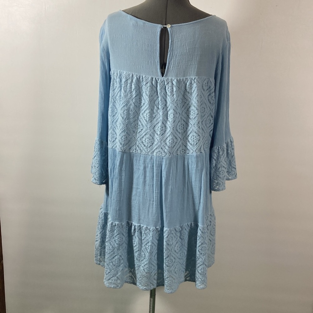 Entro Dress Women Size Large Blue Bell Sleeves Crocheted Tiers - Picture 3 of 11